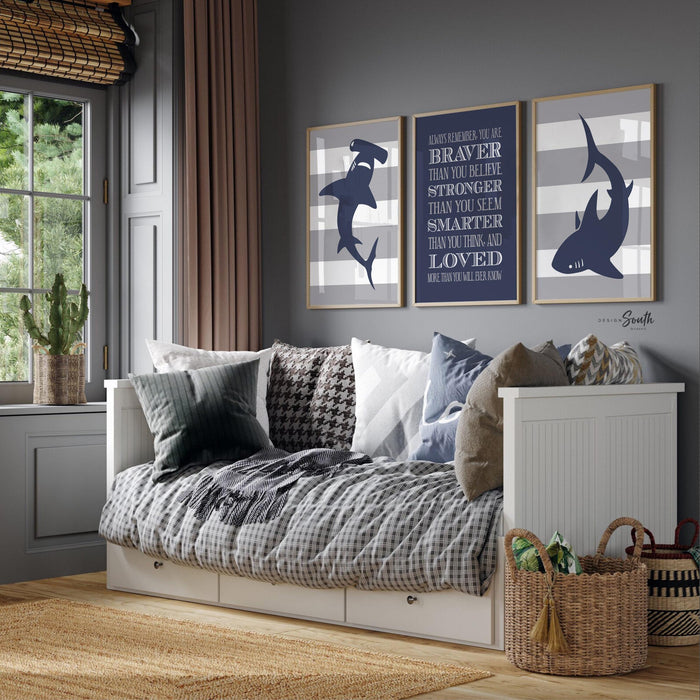 Boys navy blue and gray shark room decor, boys wall art, big boy bedroom, boys shark bedroom, quote for boy, shark nursery, shark decor kids