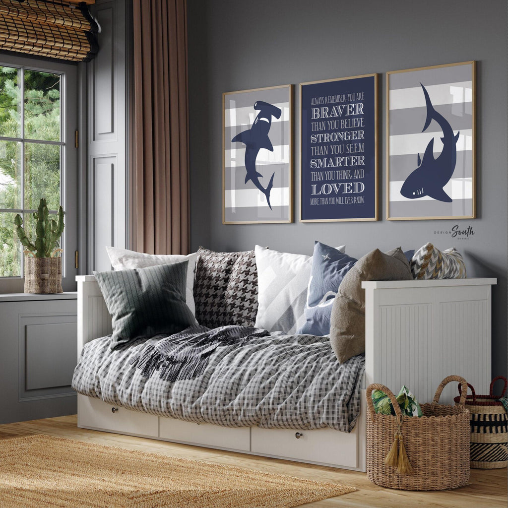 Navy blue and gray shark-themed wall art perfect for boys&#39; bedrooms, toddler rooms, or shark nurseries. This boys room decor features fun shark illustrations and a bold quote, adding a playful and modern touch to any big boy bedroom or ocean-themed space. Ideal for kids who love sharks, this artwork set makes a great gift for birthdays, baby showers, or nursery makeovers. Designed to complement shark decor, it adds personality and charm to any boys wall art collection.