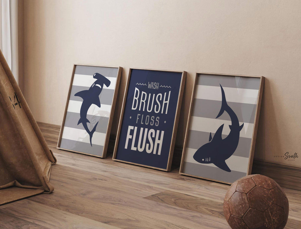 Boys gray and navy blue shark bathroom, kids bathroom sharks, boys nautical bathroom, wall shark prints for boys, ideas for toddler bathroom
