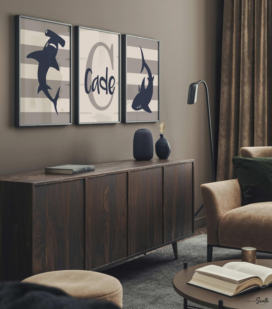 Shark nursery decor navy blue and gray boys personalized, shark decor, shark nursery, shark art, wall art for boys customized, boys sharks