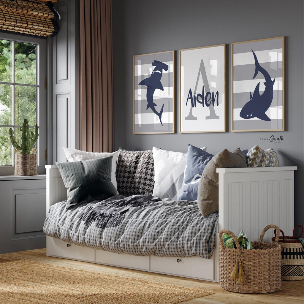 Shark nursery decor navy blue and gray boys personalized, shark decor, shark nursery, shark art, wall art for boys customized, boys sharks