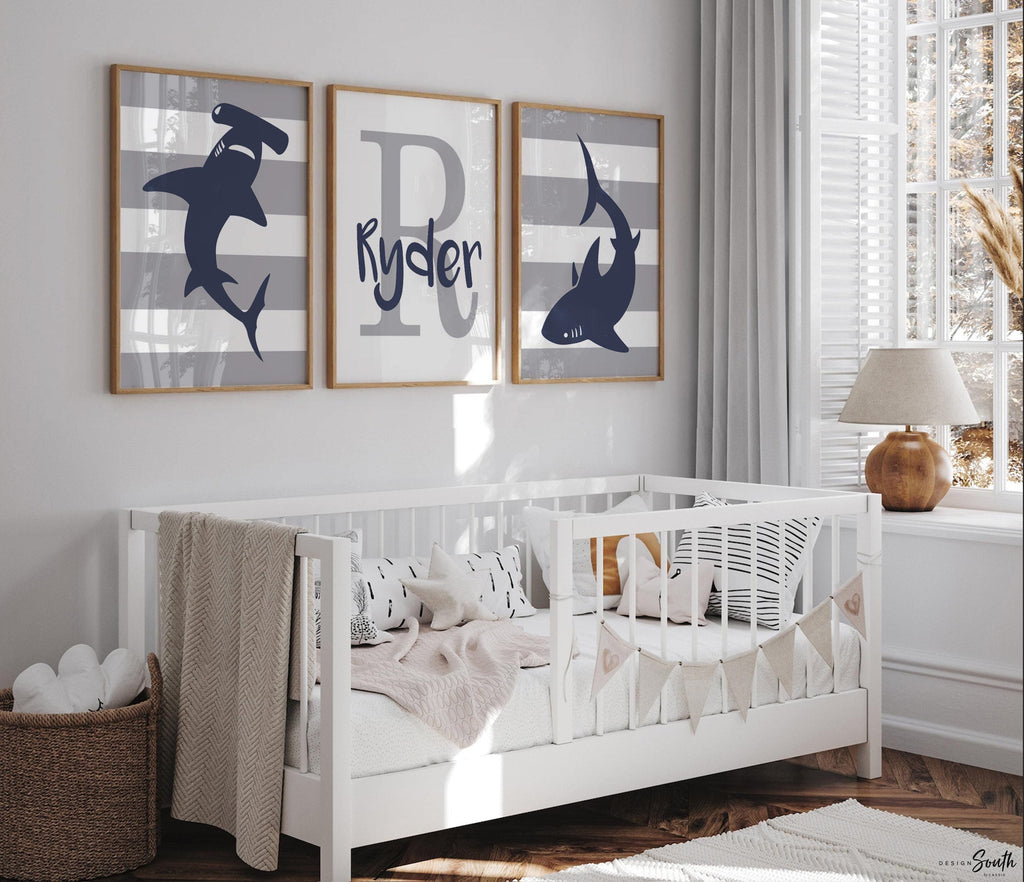 Shark nursery decor navy blue and gray boys personalized, shark decor, shark nursery, shark art, wall art for boys customized, boys sharks