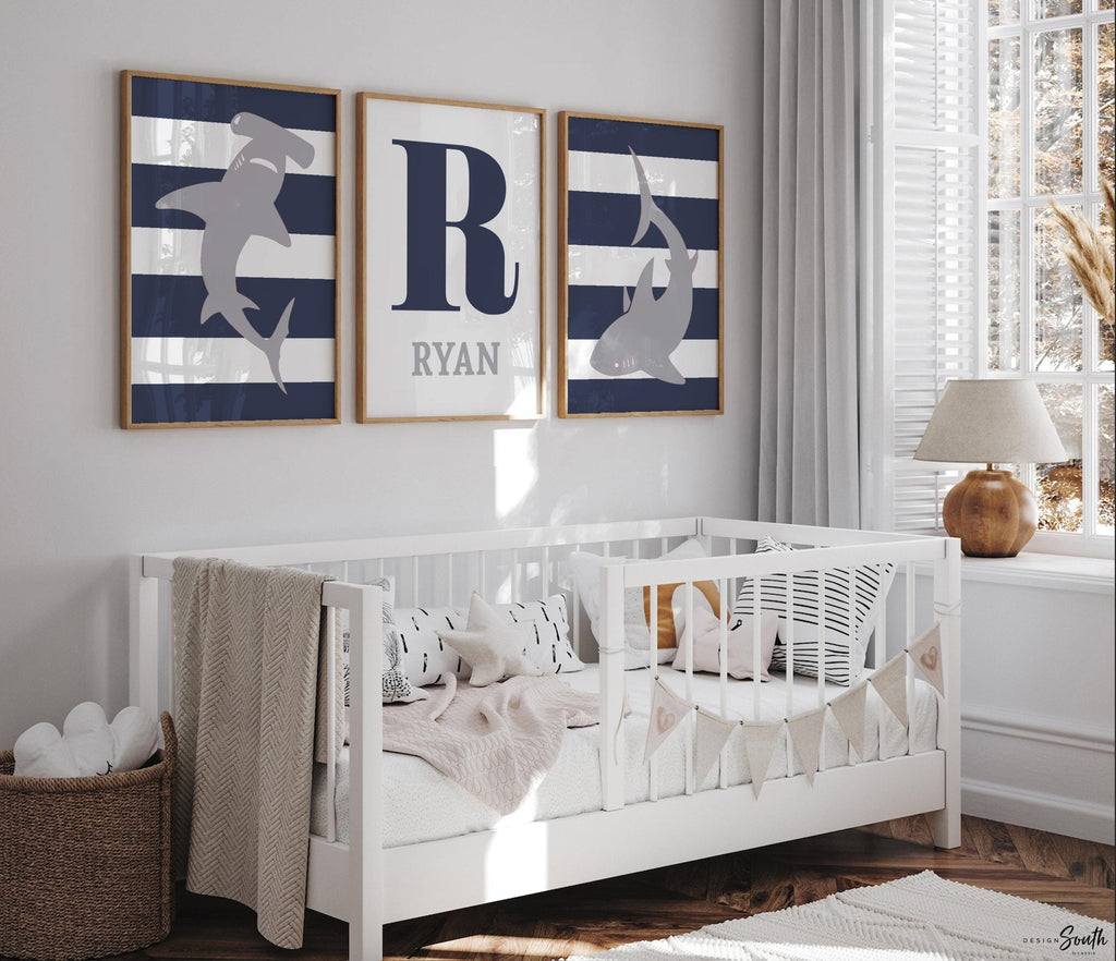 Boys navy blue and gray shark room decor, boys wall art, big boy bedroom, boys shark bedroom, boy monogram shark nursery, shark decor kids