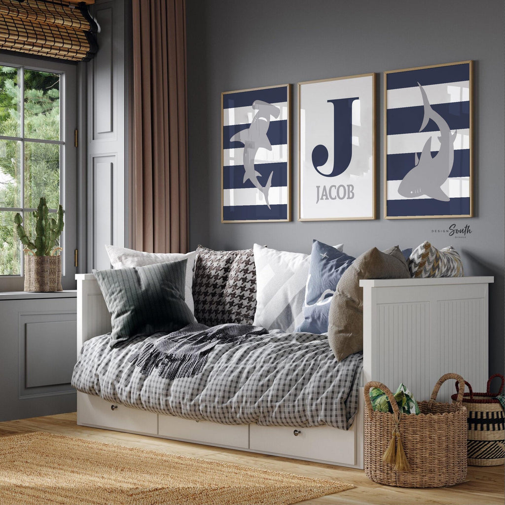 Boys navy blue and gray shark room decor, boys wall art, big boy bedroom, boys shark bedroom, boy monogram shark nursery, shark decor kids