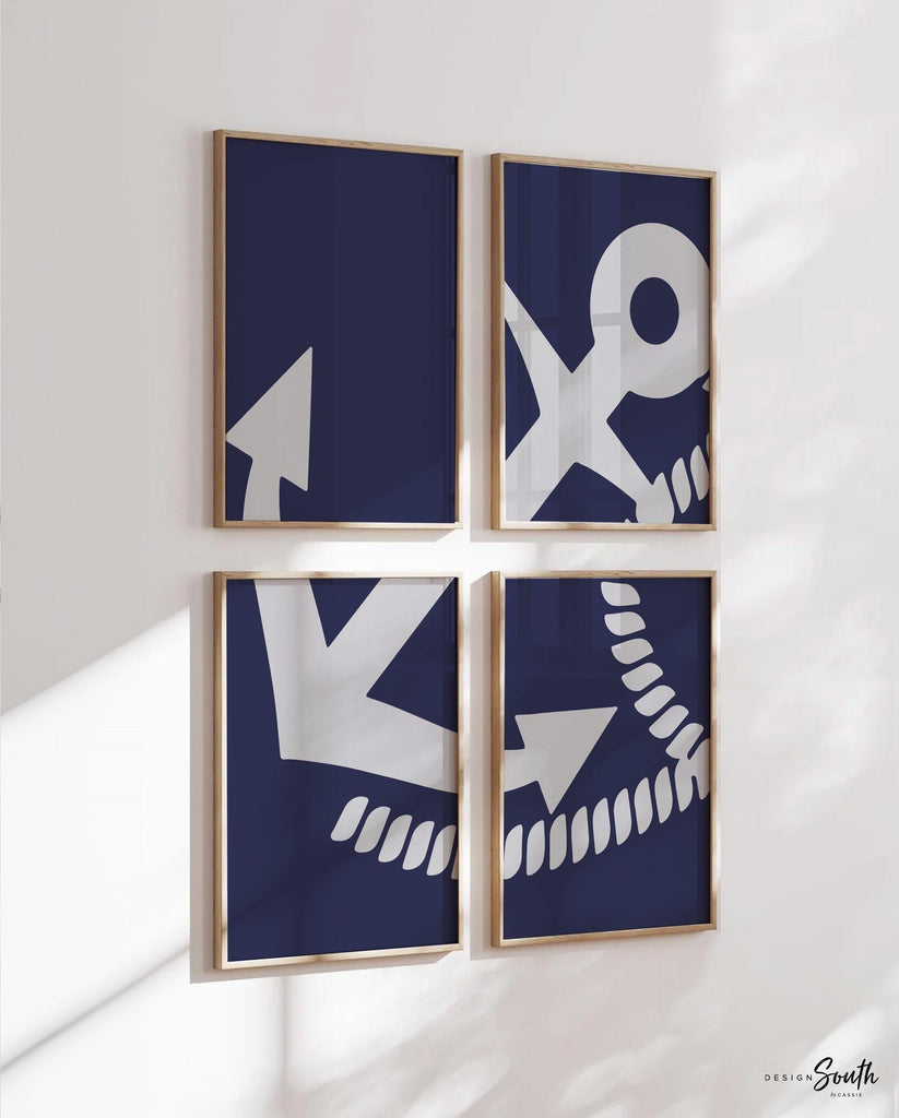 Nautical kids bedroom wall art, print set of 4 navy blue anchor, nautical anchor art for nursery, navy blue and gray nautical room anchor