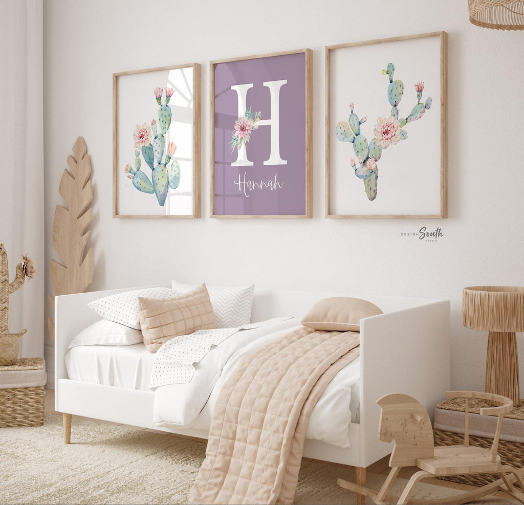 Purple desert cactus nursery, cactus nursery wall art, purple desert cactus bloom art, cactus floral wall art, cactus baby shower gift girl