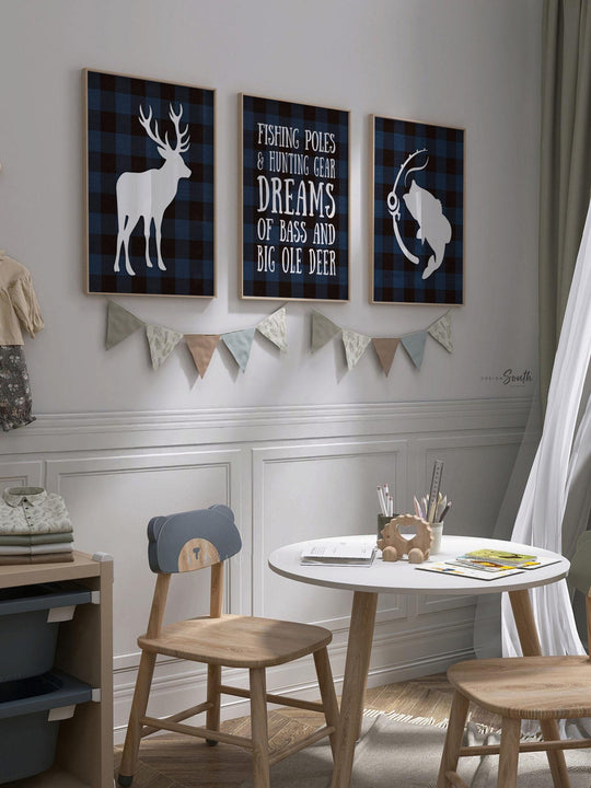 Blue buffalo plaid deer nursery decor, boy deer nursery, hunting theme nursery, blue black bass fish deer hunter themed nursery, hunting kid