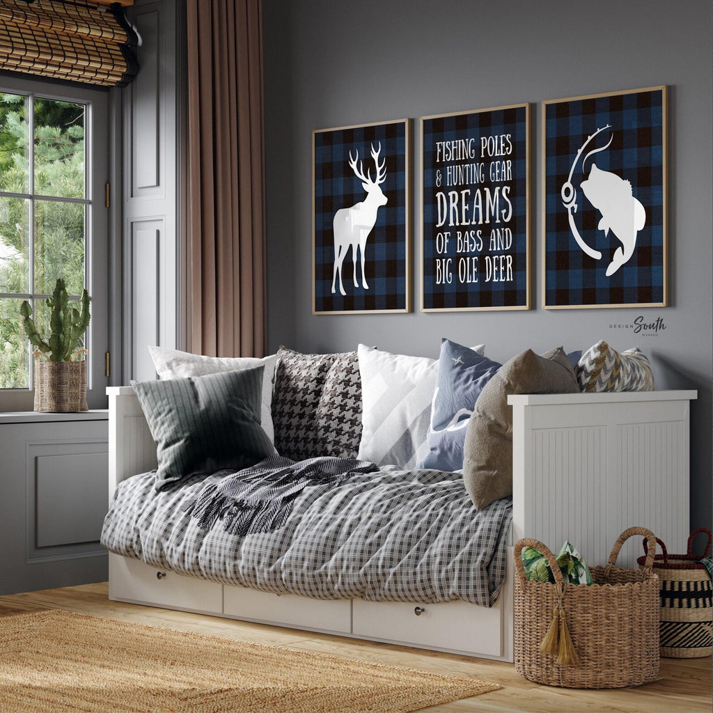 Blue buffalo plaid deer nursery decor, boy deer nursery, hunting theme nursery, blue black bass fish deer hunter themed nursery, hunting kid