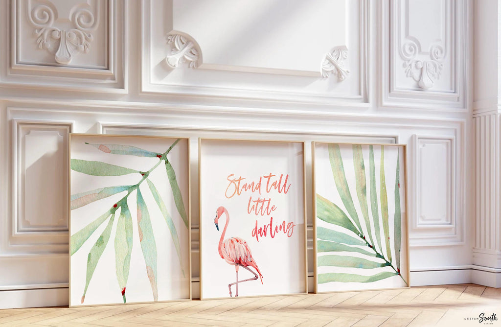 Stand tall little darling, tropical palm flamingo nursery, above crib tropical theme, flamingo art, newborn flamingo nursery pink and green