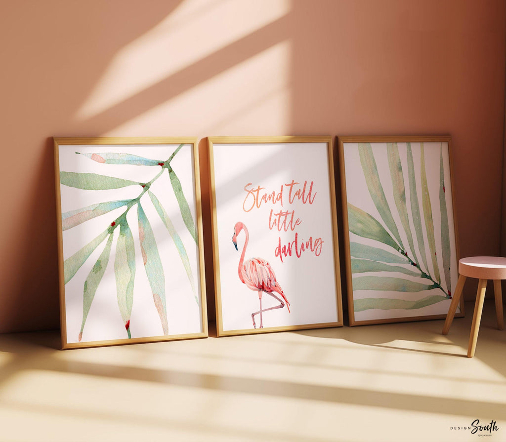 Stand tall little darling, tropical palm flamingo nursery, above crib tropical theme, flamingo art, newborn flamingo nursery pink and green