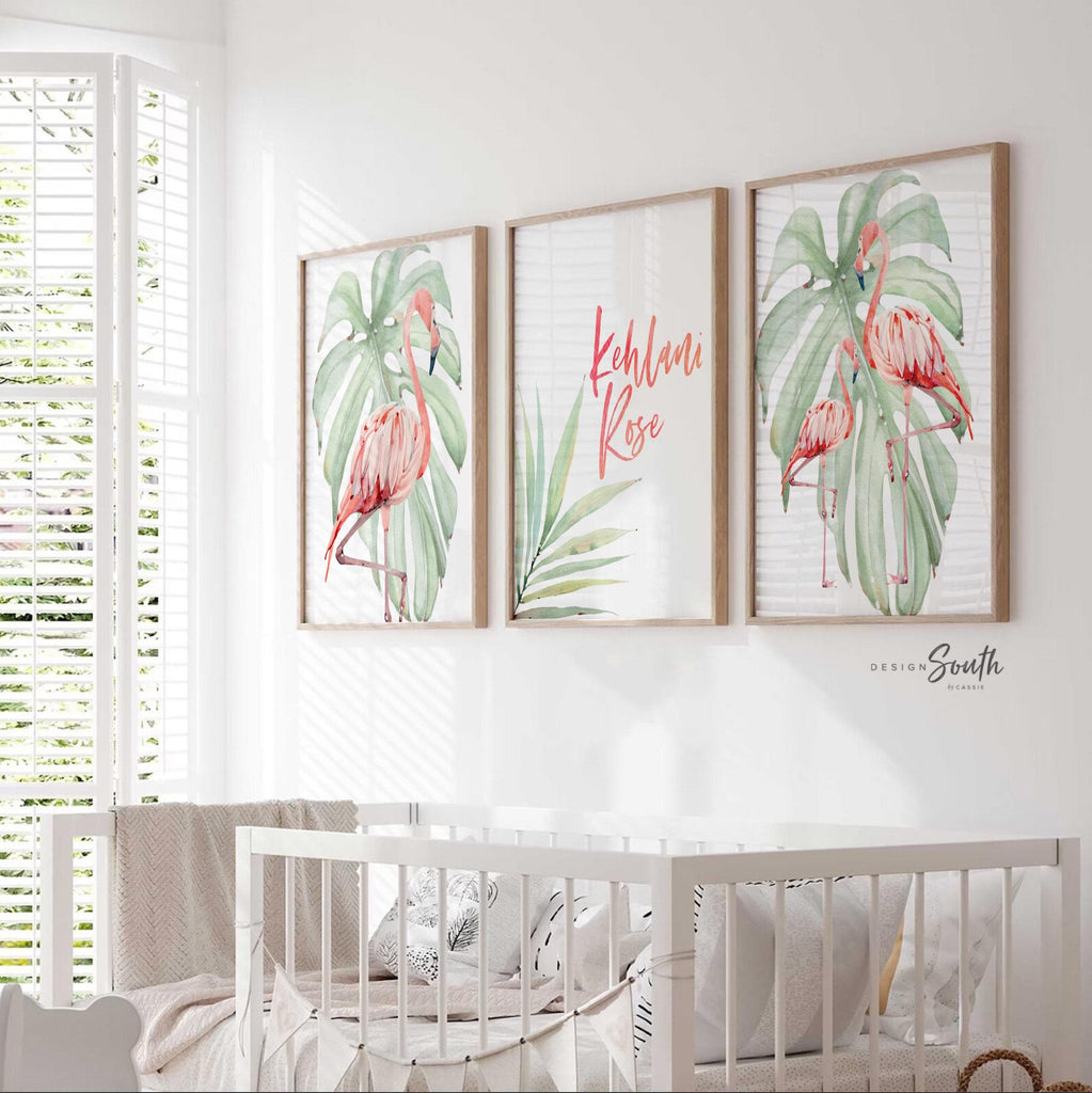 Flamingo print art set designed for tropical-themed nurseries, featuring pink and green tones perfect for hanging above a crib or in a baby girl’s room. This flamingo nursery decor adds a playful yet calming vibe, ideal for newborn spaces, beach-inspired nurseries, or baby shower gifts. The soft watercolor style and tropical elements make it a charming addition to any baby room decor, especially for those creating a flamingo or coastal-themed nursery.