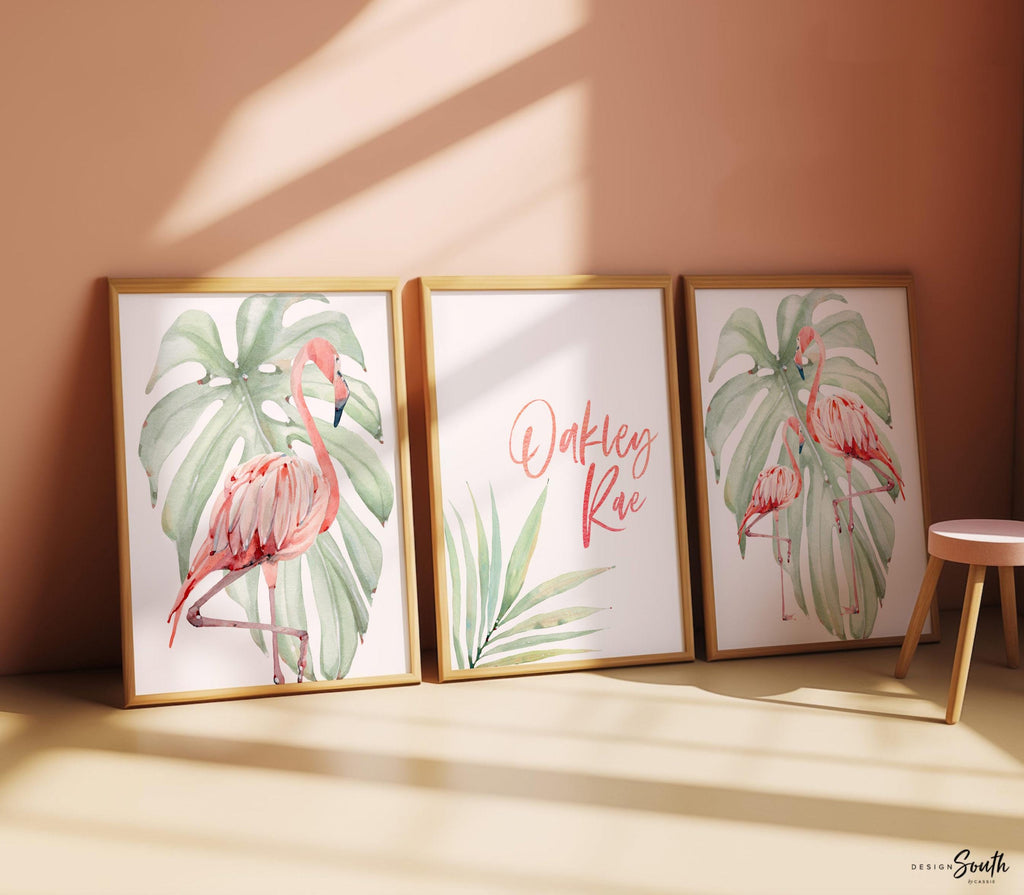 Flamingo print art set designed for tropical-themed nurseries, featuring pink and green tones perfect for hanging above a crib or in a baby girl’s room. This flamingo nursery decor adds a playful yet calming vibe, ideal for newborn spaces, beach-inspired nurseries, or baby shower gifts. The soft watercolor style and tropical elements make it a charming addition to any baby room decor, especially for those creating a flamingo or coastal-themed nursery.