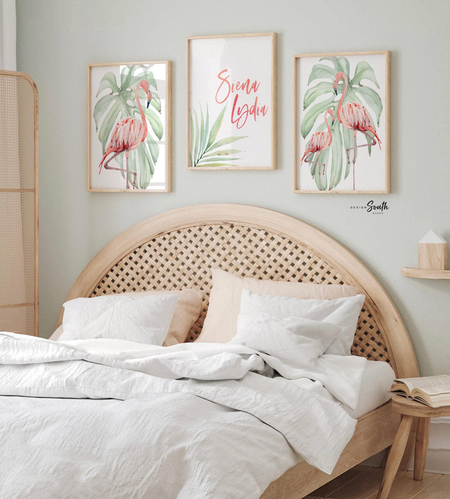 Flamingo print art set designed for tropical-themed nurseries, featuring pink and green tones perfect for hanging above a crib or in a baby girl’s room. This flamingo nursery decor adds a playful yet calming vibe, ideal for newborn spaces, beach-inspired nurseries, or baby shower gifts. The soft watercolor style and tropical elements make it a charming addition to any baby room decor, especially for those creating a flamingo or coastal-themed nursery.