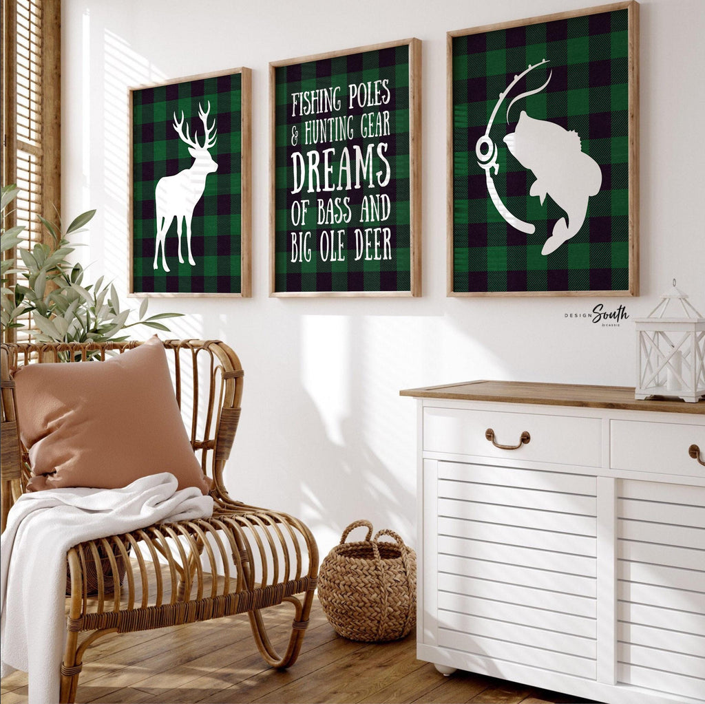 Forest green buffalo plaid buck deer bass fishing nursery decor, boy fishing hunting nursery, hunting theme nursery, green bass fish deer
