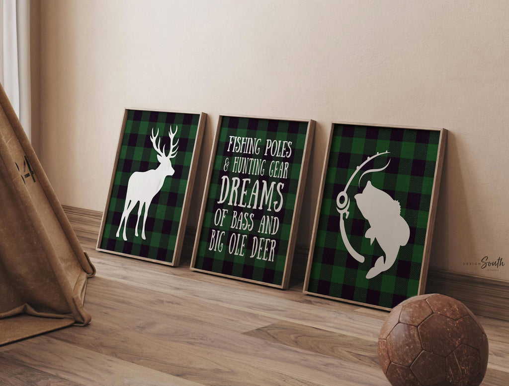 Forest green buffalo plaid buck deer bass fishing nursery decor, boy fishing hunting nursery, hunting theme nursery, green bass fish deer