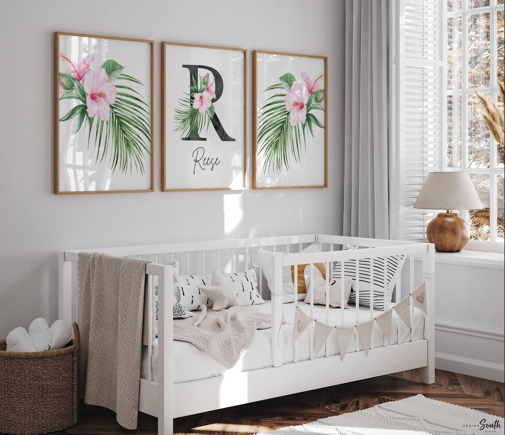 Girl nursery decor, palm leaf tropical theme nursery art, jungle theme botanical baby girl wall, coastal nursery decor, pink tropical decor