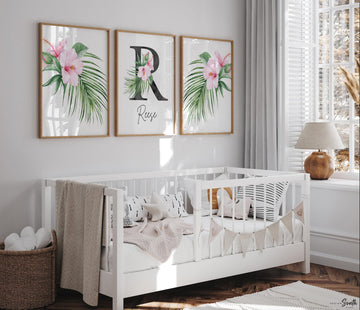 Girl nursery decor, palm leaf tropical theme nursery art, jungle theme botanical baby girl wall, coastal nursery decor, pink tropical decor