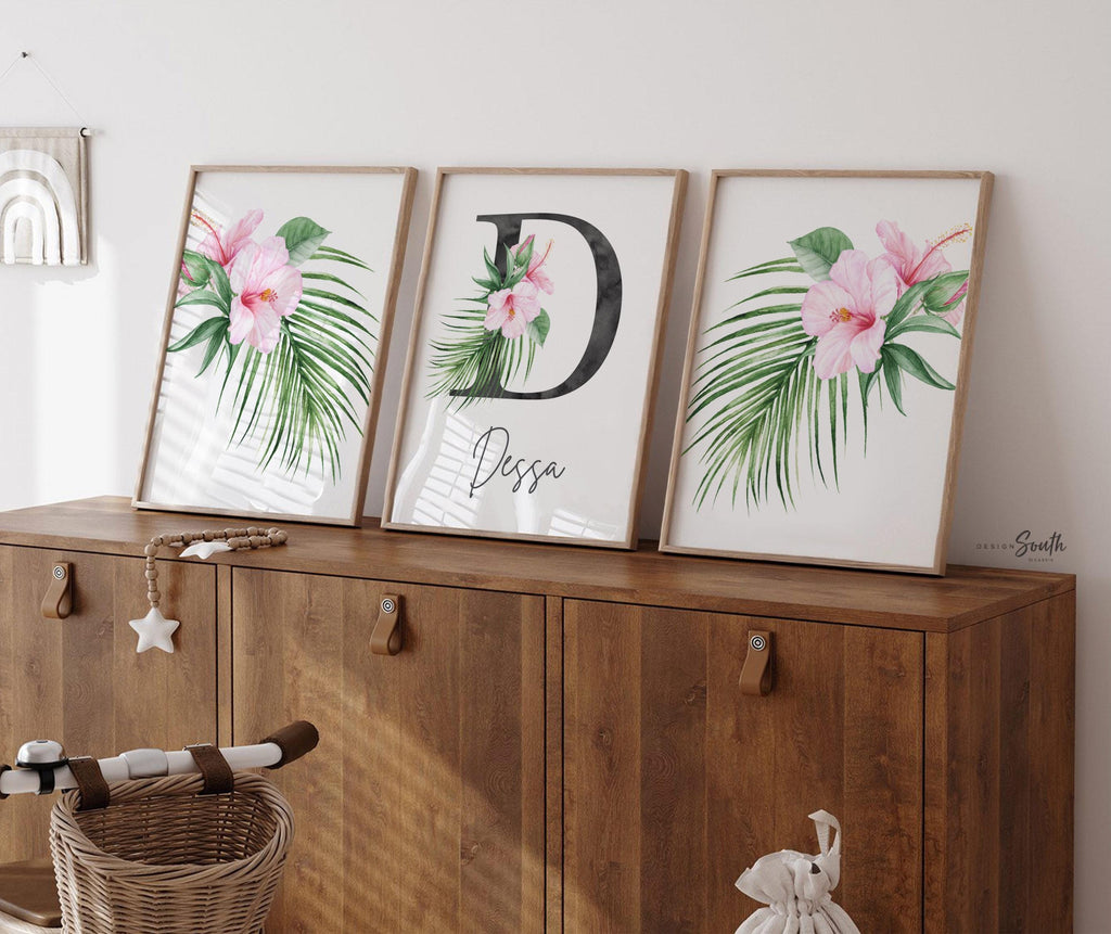 Girl nursery decor, palm leaf tropical theme nursery art, jungle theme botanical baby girl wall, coastal nursery decor, pink tropical decor