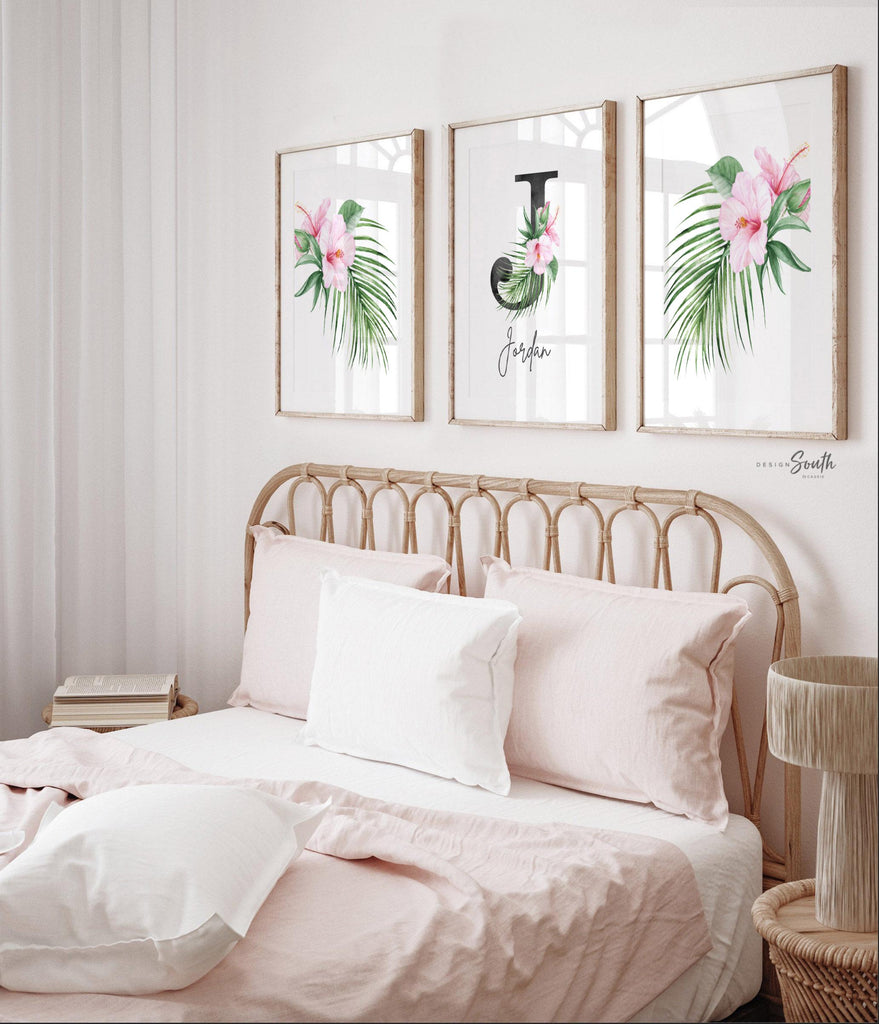 Girl nursery decor, palm leaf tropical theme nursery art, jungle theme botanical baby girl wall, coastal nursery decor, pink tropical decor