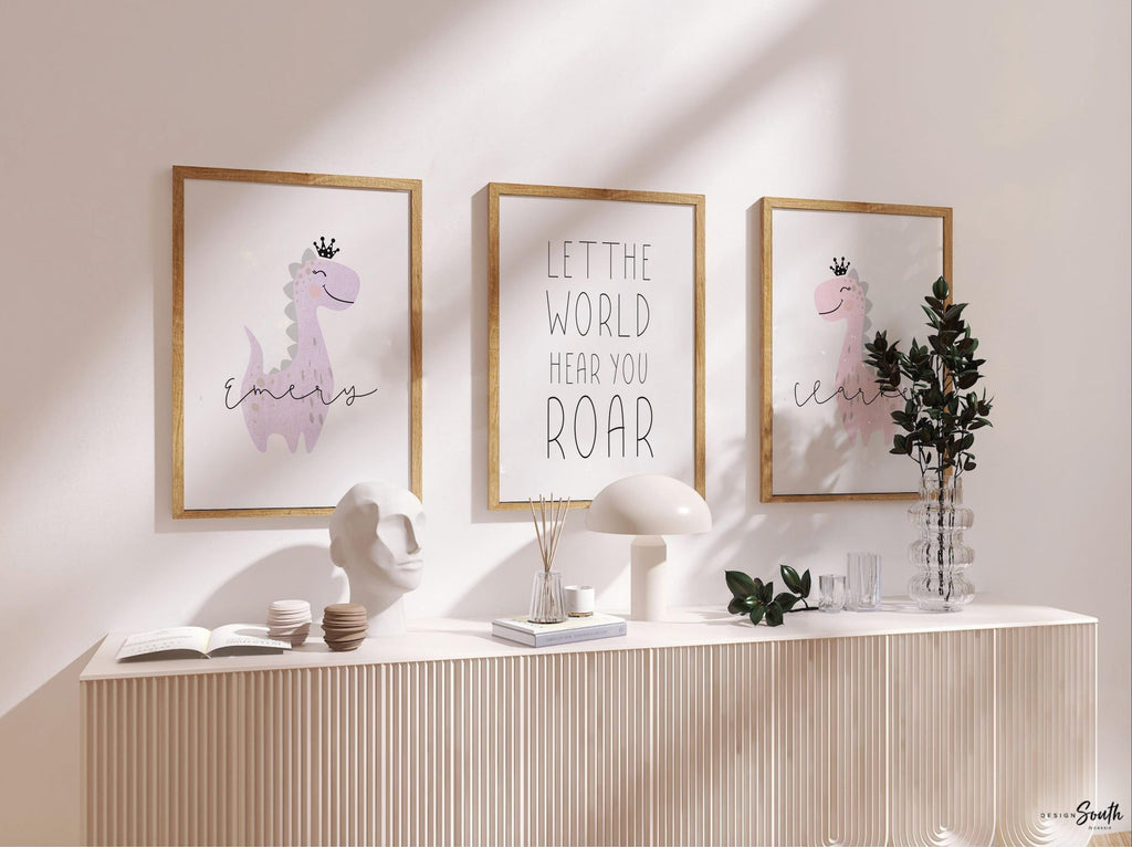 Sister room decor, personalized names two girls sisters siblings wall art, twin nursery prints for babies, dinosaur twin room pink purple