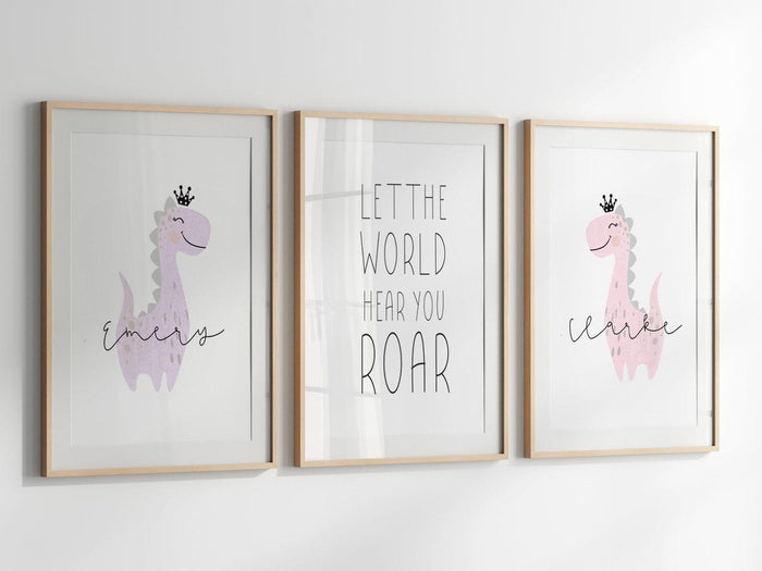 Sister room decor, personalized names two girls sisters siblings wall art, twin nursery prints for babies, dinosaur themed room pink purple