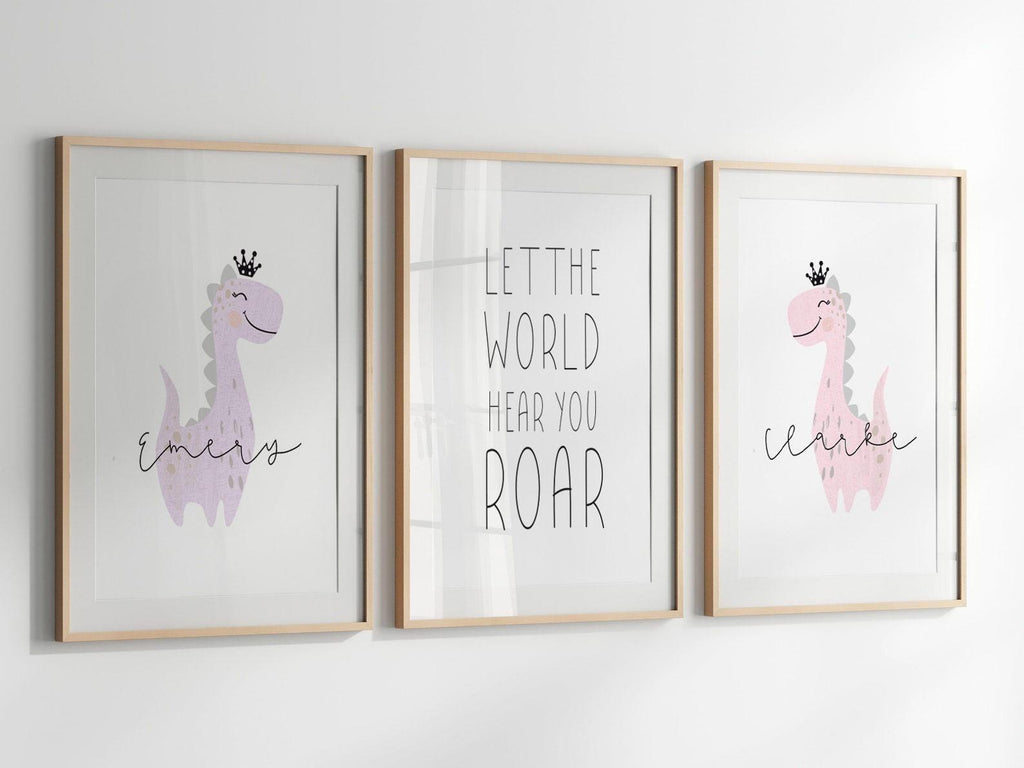 Sister room decor, personalized names two girls sisters siblings wall art, twin nursery prints for babies, dinosaur twin room pink purple