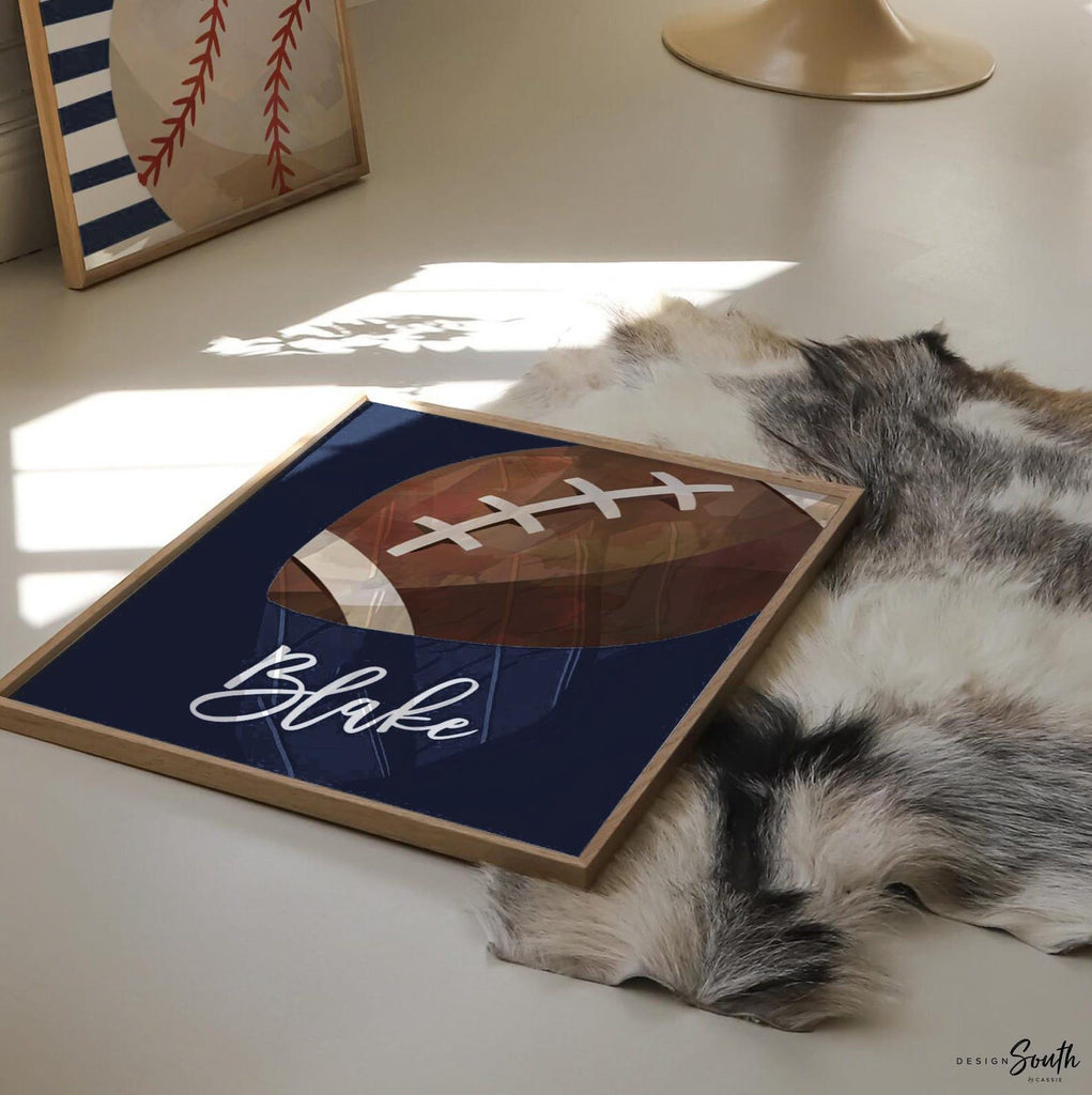 Personalized boys sports wall art set, baseball basketball football soccer prints, navy blue stripes, custom name gift, set of 4