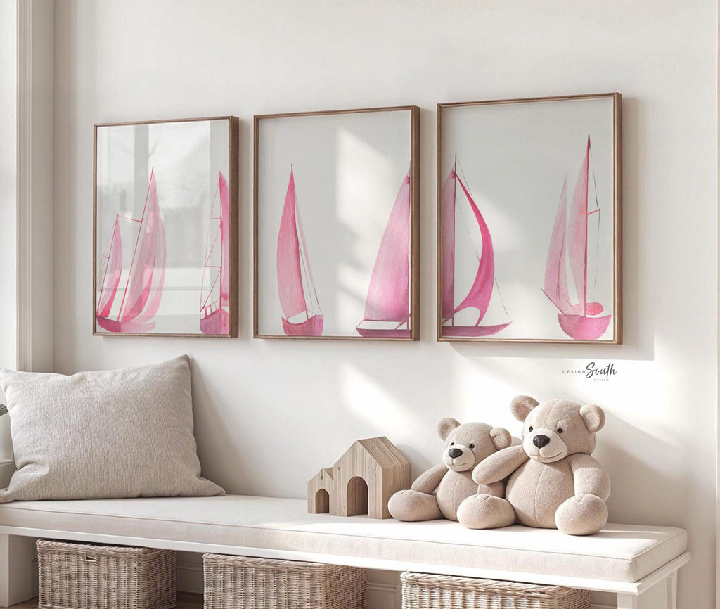 Set of 3 pink sailboat watercolor art prints featuring soft coastal scenes with ocean and lake views. These nautical wall decor pieces are perfect for a beach house, lake house, coastal bathroom, or a girl’s ocean-themed nursery. The soothing pastel tones and feminine sailing details create a light, breezy atmosphere. Ideal gift for those who love the coast, sailing, or soft pink decor. Unframed prints available in multiple sizes for versatile styling and easy framing.