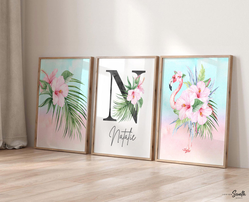 Tropical girl nursery, flamingo baby room decor, personalized monogram tropical flamingo, wall art set tropical newborn, baby shower gift