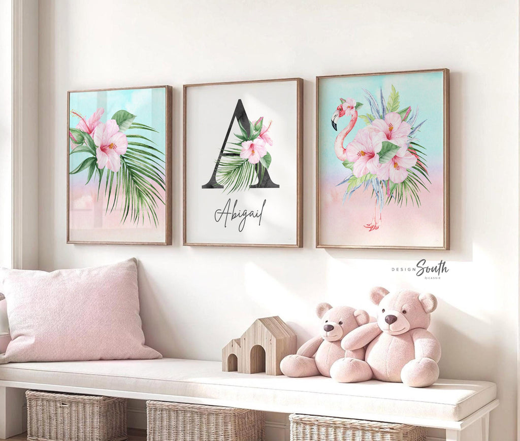 Tropical girl nursery, flamingo baby room decor, personalized monogram tropical flamingo, wall art set tropical newborn, baby shower gift