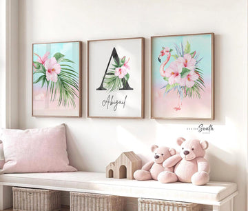 Tropical girl nursery, flamingo baby room decor, personalized monogram tropical flamingo, wall art set tropical newborn, baby shower gift