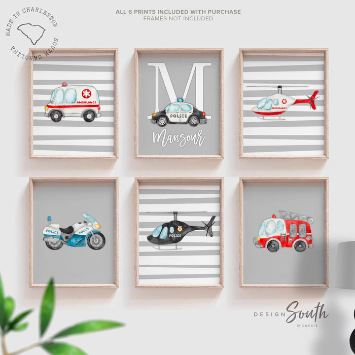 Rescue vehicle wall art set of 3, emergency trucks nursery prints, toddler boy room decor, transportation theme kids bedroom art