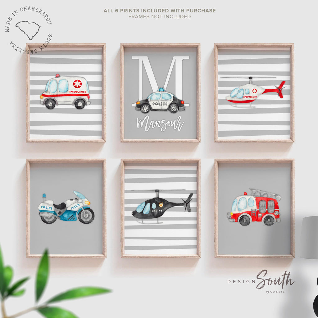 Set of 3 rescue vehicle wall art prints featuring colorful illustrations of emergency vehicles including fire trucks, ambulances, and police cars. Perfect for a toddler boy&#39;s bedroom, transportation-themed nursery, or playroom decor. These prints add a fun and educational touch to any child’s space. Great gift idea for little vehicle lovers or future first responders. Unframed and available in multiple sizes for easy display and framing.