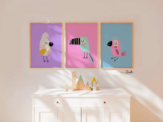 Pastel kid art, baby tropical themed room, tropical bird art, modern trendy pastel art set of 3, toucan bird print, nursery pink blue purple