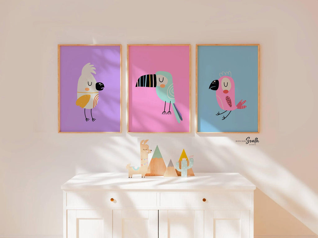 Pastel kid art, baby tropical themed room, tropical bird art, modern trendy pastel art set of 3, toucan bird print, nursery pink blue purple