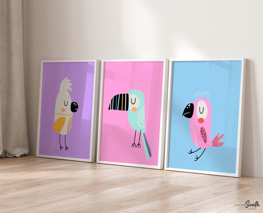 Pastel kid art, baby tropical themed room, tropical bird art, modern trendy pastel art set of 3, toucan bird print, nursery pink blue purple