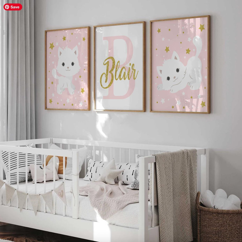 Nursery cat wall art, baby girl room animal, kitten nursery, cat lover room pink, kitten cute cat nursery wall, cat themed, custom baby name