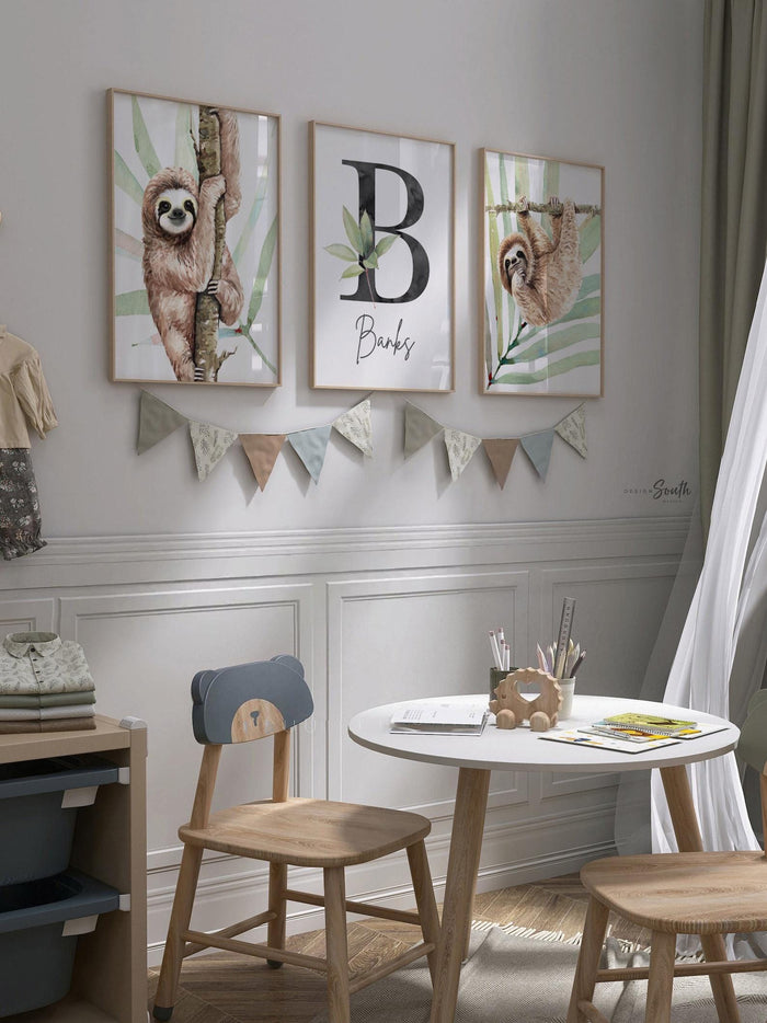Sloth wall art set, sloth themed baby nursery, sloth nursery ideas, sloth tropical rainforest room decor, sloth boy monogram, toddler sloths