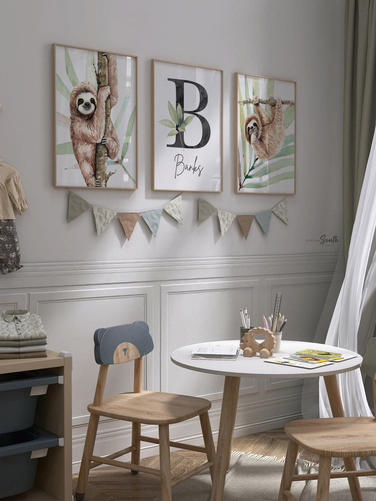 Sloth wall art set, sloth themed baby nursery, sloth nursery ideas, sloth tropical rainforest room decor, sloth boy monogram, toddler sloths