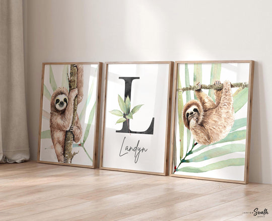 Sloth wall art set, sloth themed baby nursery, sloth nursery ideas, sloth tropical rainforest room decor, sloth boy monogram, toddler sloths