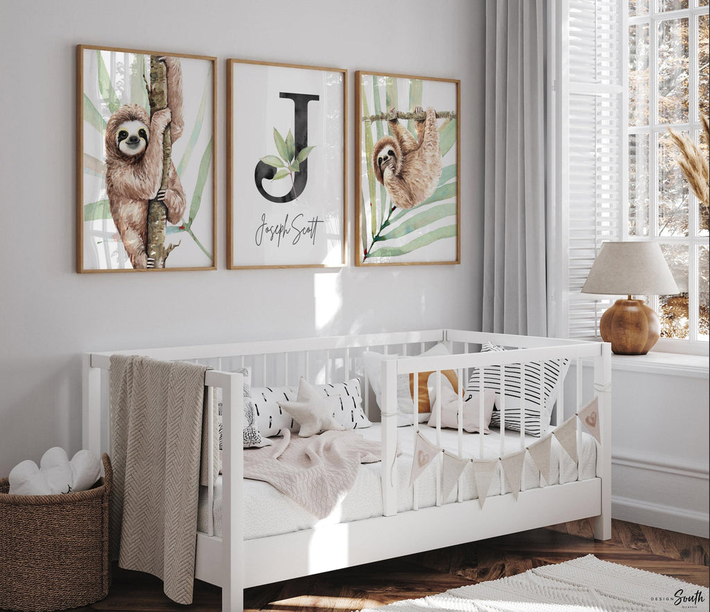 Sloth wall art set, sloth themed baby nursery, sloth nursery ideas, sloth tropical rainforest room decor, sloth boy monogram, toddler sloths
