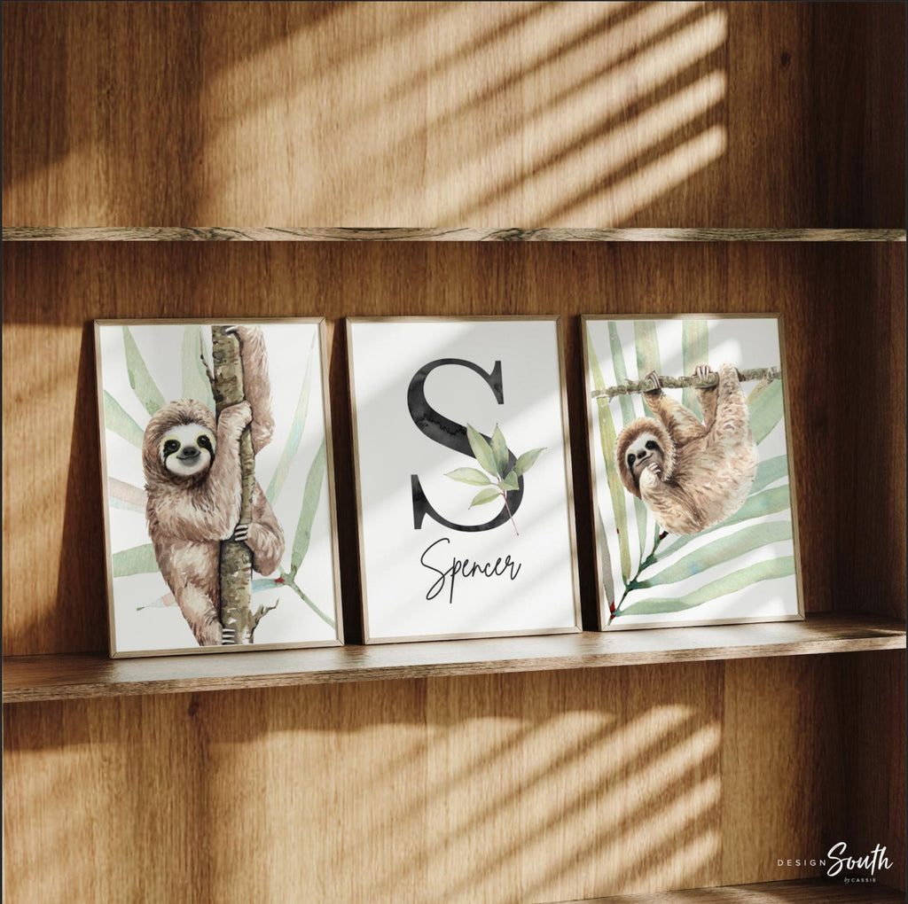 Sloth wall art set, sloth themed baby nursery, sloth nursery ideas, sloth tropical rainforest room decor, sloth boy monogram, toddler sloths