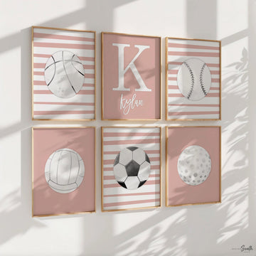 Pink sports art, little girl room sports themed, girly sports art, toddler girl athletic art, baby girl sports nursery pink gray wall art