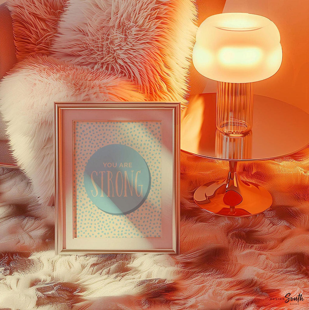 Set of 6 inspirational wall art prints for kids featuring rainbow-colored circles with modern speckled designs. Each print includes a positive affirmation: you are loved, you are kind, you are brave, you are smart, you are strong. Designed in purple, blue, green, pink, orange, and yellow for a vibrant and trendy playroom or nursery. This uplifting art set is perfect for encouraging confidence and positivity in babies, toddlers, or young children’s spaces.