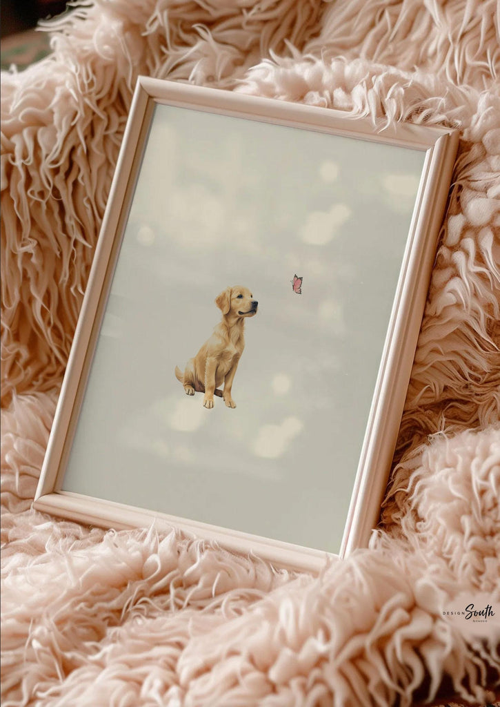 Set of 3 nursery art prints featuring golden retriever puppies playfully chasing pink butterflies. Designed in a soft, clean, and modern style, this sweet wall art set is perfect for a baby girl&#39;s nursery or toddler bedroom. The gentle color palette and simple composition create a calming and adorable atmosphere, ideal for dog lovers and parents looking to add a personalized, heartwarming touch to their child’s space.