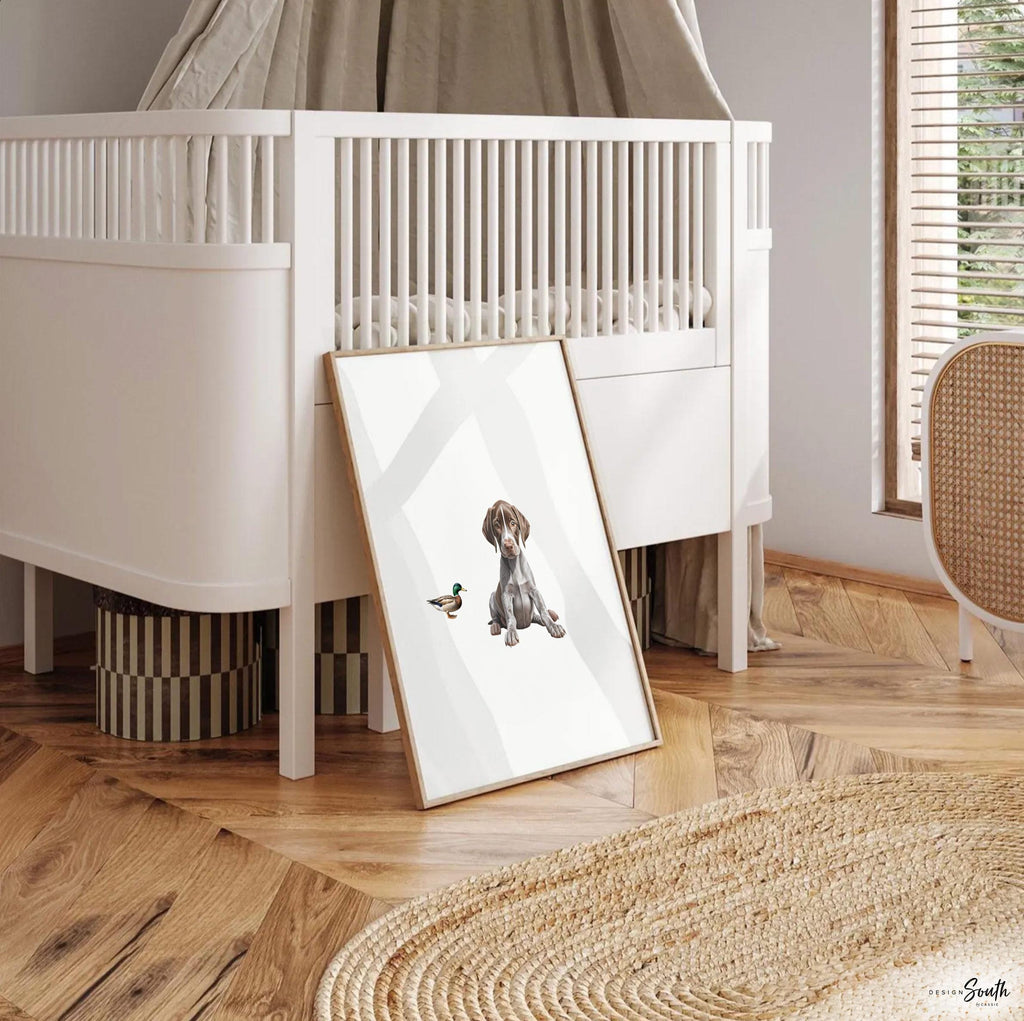 Set of 3 wall art prints featuring German Shorthaired Pointers (GSP) in a duck hunting scene, perfect for a toddler boy nursery or baby room. This series includes a pointing bird dog, a mallard duck taking flight, and a classic hunting dog stance. Designed for little boys who love the outdoors or come from hunting families, this bird dog artwork brings a rustic, adventurous feel to any space. Ideal for nurseries, playrooms, or as a unique gift for duck hunting enthusiasts.