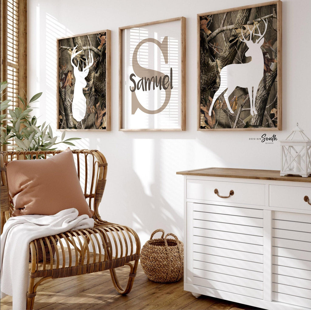 Camo nursery, personalized name art, hunting nursery decor, boys bedroom camo, baby boy deer hunter theme wall art, camoflauge baby boy art