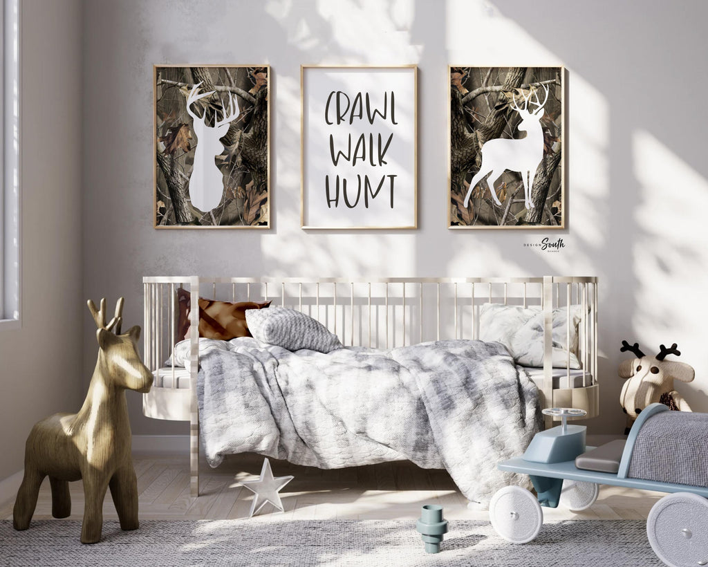 Deer nursery decor, camo hunting wall art, boys room crawl walk hunt prints, rustic deer art for kids bedroom, hunting decor for kids room