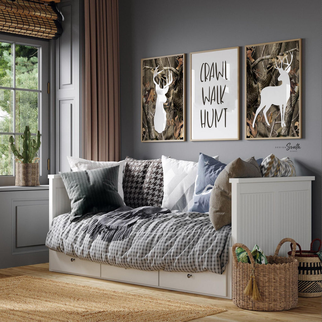 Deer nursery decor, camo hunting wall art, boys room crawl walk hunt prints, rustic deer art for kids bedroom, hunting decor for kids room