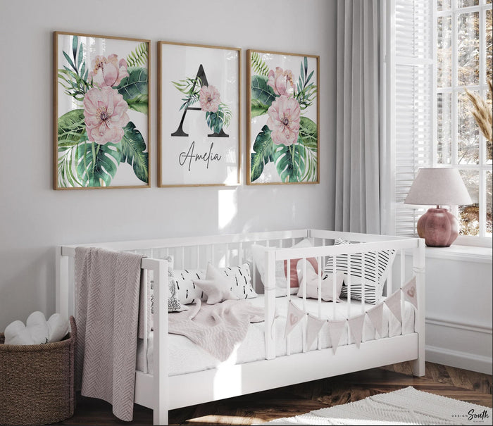 Floral baby nursery wall art decor, tropical floral nursery art, baby wall decor ideas, green pink floral themed nursery, personalized name